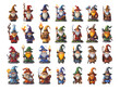 Wizards pixel art vector set. Older men sorcerers hat beard robe accessories magical characters video game graphics ui assets illustrations isolated on white background
