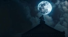 Moonlit Vigil: The Silhouette Of A Samurai On Ancient Rooftops