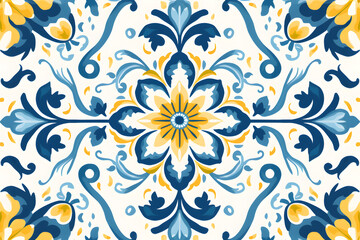 Pattern of Portuguese azulejos tiles. Rustic blue and yellow tile watercolor seamless pattern