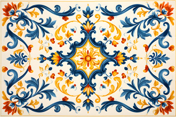 Pattern of Portuguese azulejos tiles. Rustic blue and yellow tile watercolor seamless pattern