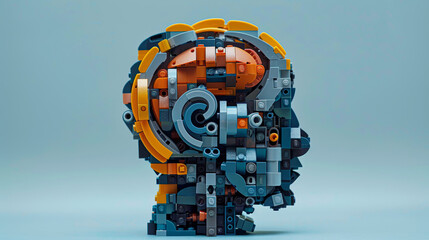 Poster - A head made of Legos with a blue background. The head is made of many different colored Legos and has a very abstract look to it