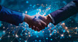 Handshake, business and technology background for software integration, collaboration and partnership deal. People shaking hands for futuristic data sharing, network or connection in cyber meeting
