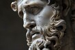 Create a striking image by juxtaposing the face of a Greek sculpture with elements of caravaggism Render the statues face in marble, reflecting the style of Bernini Focus on intricate details and dram