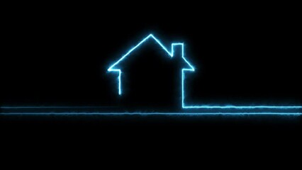 Wall Mural - Glowing neon line location Map pointer with house icon and Home location marker point isolated on black background. 