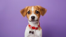 A Brown And White Mixed Breed Dog With Floppy Ears Wearing A Red Collar , The Tag Is Shaped Like Two Bones. The Background Color Should Be Purple. He Has Big Eyes Looking At The Camera