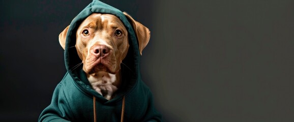 A dog wearing an emerald green hoodie with the hood up, sitting on the floor looking at the camera, in a studio background