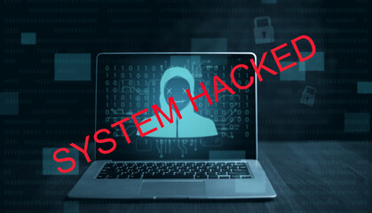 programmer using laptop with triangle caution warning sign for notification error system , hacker attacks and hacking data, cyber crime, cyber security