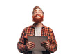 Smiling Redhead Man with Tablet Looking Up