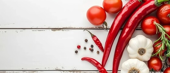 Poster -   Tomatoes, peppers, garlic, and a sprig of rosemary on a white wooden surface