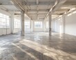 An empty room with white walls and concrete floors. There are several windows on the left side of the room.