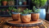 Fototapeta Morze -   Three small potted plants sit atop a wooden tray on a wooden table Nearby stands a single, larger potted plant