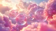   A plethora of soap bubbles suspended in the sky, painted blue and pink, adorned with fluffy clouds and a radiant sun
