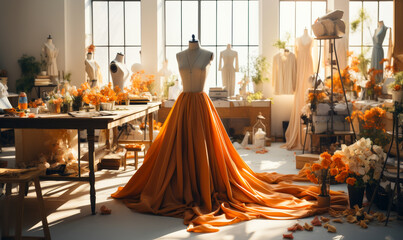 Fashion Designer Women at Work in Dress Atelier - Sewing, Fabric Cutting, Clothing Pattern Making for Fashion House Talent