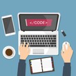 © maximilian - Programmazione programmatore, computer portatile, scrivania, libero professionista seduto sul tavolo - illustrazioni