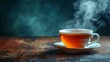   A steaming cup of tea rests on a saucer atop a weathered wooden table, emitting rising steam from its summit