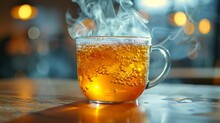   A Tight Shot Of A Steaming Hot Cup Of Tea, With Wisps Of Vapor Escaping From Its Rim And Interior