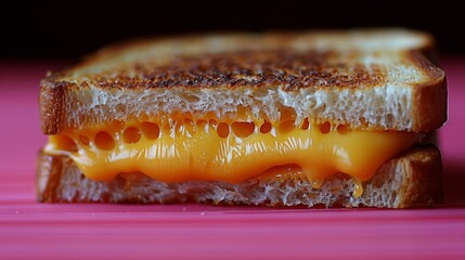 Wall Mural -   A tight shot of a grilled cheese sandwich on a pink tablecloth, against a black backdrop