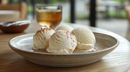 Canvas Print -   Three scoops of ice cream sit in a bowl on the table A glass of tea rests in the background