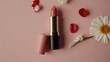 Lipstick and rose petals, a luxurious beauty combination in pink