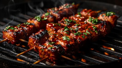 Sticker -   A tight shot of a grill displaying skewered meats smothered in sauce, garnished with parsley