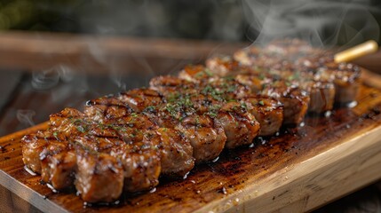 Poster -   A tight shot of meat sizzling on a cutting board, smoke rising from its surface