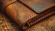   A brown leather wallet sits atop a wooden table, nearby are two pairs of scissors