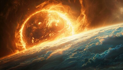 Wall Mural - a space scene with a large orange sun in the center and a blue sky with clouds by ai generated image