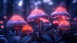   A cluster of purplish mushrooms in a forest gleams with bright, glowing lights at their centers