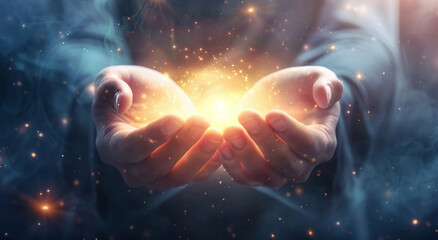 praying, hands and holy light or glowing for faith, hope and worship or spiritual enlightenment with