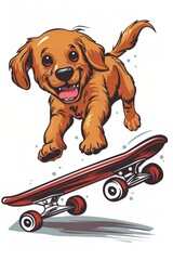 Cheerful dog skateboarding icon in cartoon sketch style on a bright white background