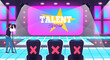 Talent show stage. Musical auditions tv reality audience cartoon background, television program studio podium voice songs screening chairs celebrity jury classy vector illustration