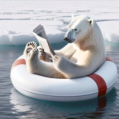 a polar bear reading a newspaper while floating on a lifebuoy in arctic water