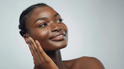 High-resolution cropped photograph showcasing skincare and cosmetics concept, featuring ample space for text. A woman with a stunning visage gently caresses her radiant, healthy facial skin in the por