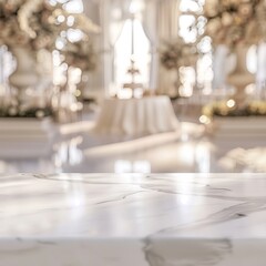 Wall Mural - Marble table with blurred wedding ceremony in the background