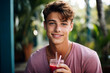 Sporty handsome man on a diet drink smoothie in the kitchen or cafe generative AI image