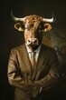 A bull in a global economics conference, wearing an international suit, showcasing market expansion and optimism