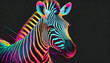 Portrait of zebra in ultra-bright neon style, rainbow lines. Wild animal. Abstract graphic art.