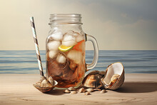 Glass And Mason Jar Of Cold Cuba Libre Cocktail, Seashells On Sand