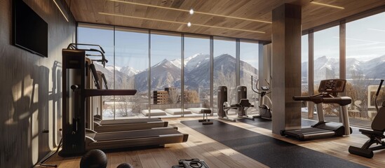 Wall Mural - Fitness room equipped with exercise machines allows for workouts with mountain views. 