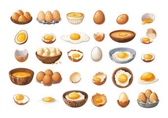 Wall Mural - Chicken eggs cartoon vector set. Shell broken leak packed yolk scrambled boiled bowl plate protein illustrations isolated on white background