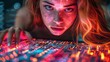 The stunning woman reached out and caressed the laptop screen revealing a vibrant circuit board backdrop in a futuristic design, Generated by AI
