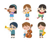 Set Illustration of Kids playing different musical instruments. Hobbies and interests.