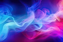 Colorful Blue And Purple Smoke Flowing On A Dark Background. Vapor Fog Waves And Smog Smooth Glowing Motion