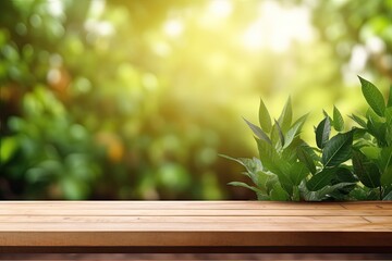 Wall Mural - Empty Wooden Table, Blurry Bokeh Green Natural Background. Autumn Spring Morning, Soft Light, Product Display, Ads Banner