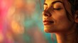 Close up portrait of charming sensual indian woman doing yoga, healthy life concept, professional photo, free space for text, banner, blurred saturated color background