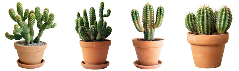 Wall Mural - Collection of ric rac mini cactus plant on terracotta pot cutout png isolated on white or transparent background
