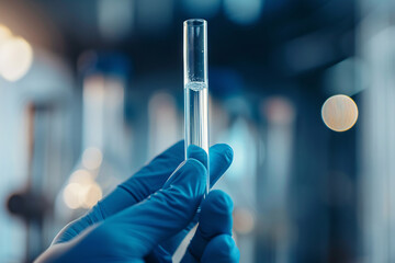 Wall Mural - scientist's hand with blue glove holding test tube with liquid in research lab