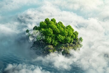  Beautiful Floating Island. Green Landscape and Mountains Suspended in the Sky Among White Clouds