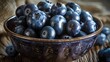 Plump Juicy Blueberries in a Wooden Bowl Bathed in Warm Sunlight on a Rustic Table Perfect for Food Ads and Recipes