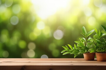 Wall Mural - Spring Flowers, Leaves, and Plants on Wooden Table Against Green Blur Bokeh Background